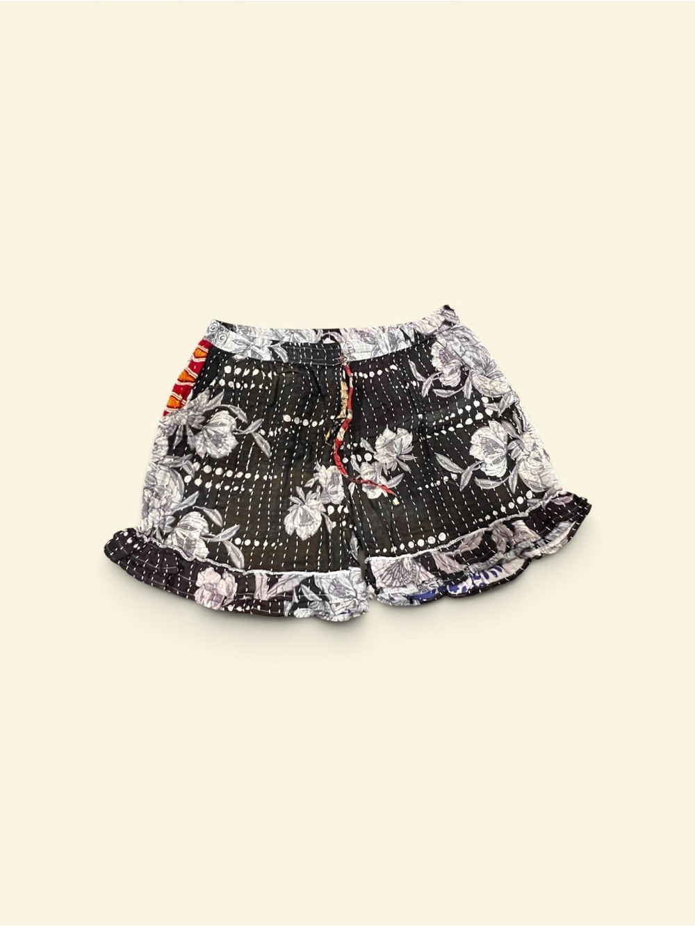 Kantha Reversible Floral Ruffle Hem Black and Blue Women's Shorts